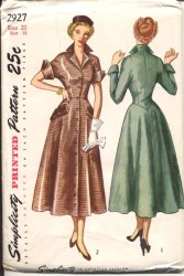 2927 SIMPLICITY 1949 UNCUT BUTTON SS-LS LONGER FLARE DRESS PATTERN 14 32''B